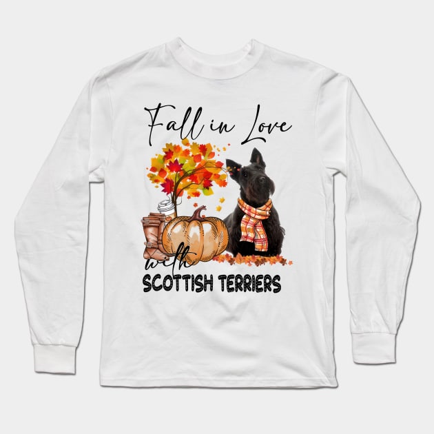 Fall In Love With Scottish Terriers Fall Pumpkin Thanksgiving Long Sleeve T-Shirt by Red and Black Floral